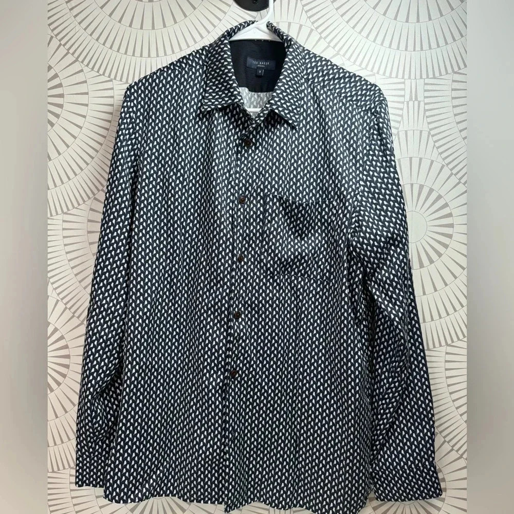 Ted Baker London Martz Navy Long Sleeve White Mini Bird Button Down Shirt Ted